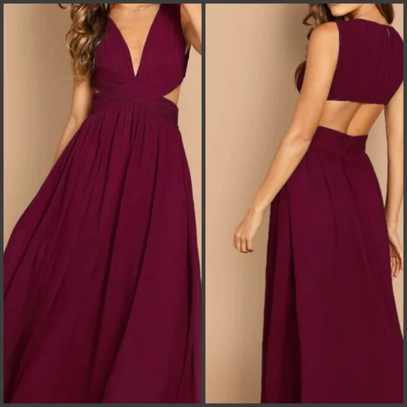 SHEIN | Dresses | Shein Belle Maxi Dress Gown Deep V Neck Burgundy Sz 8 |  Poshmark